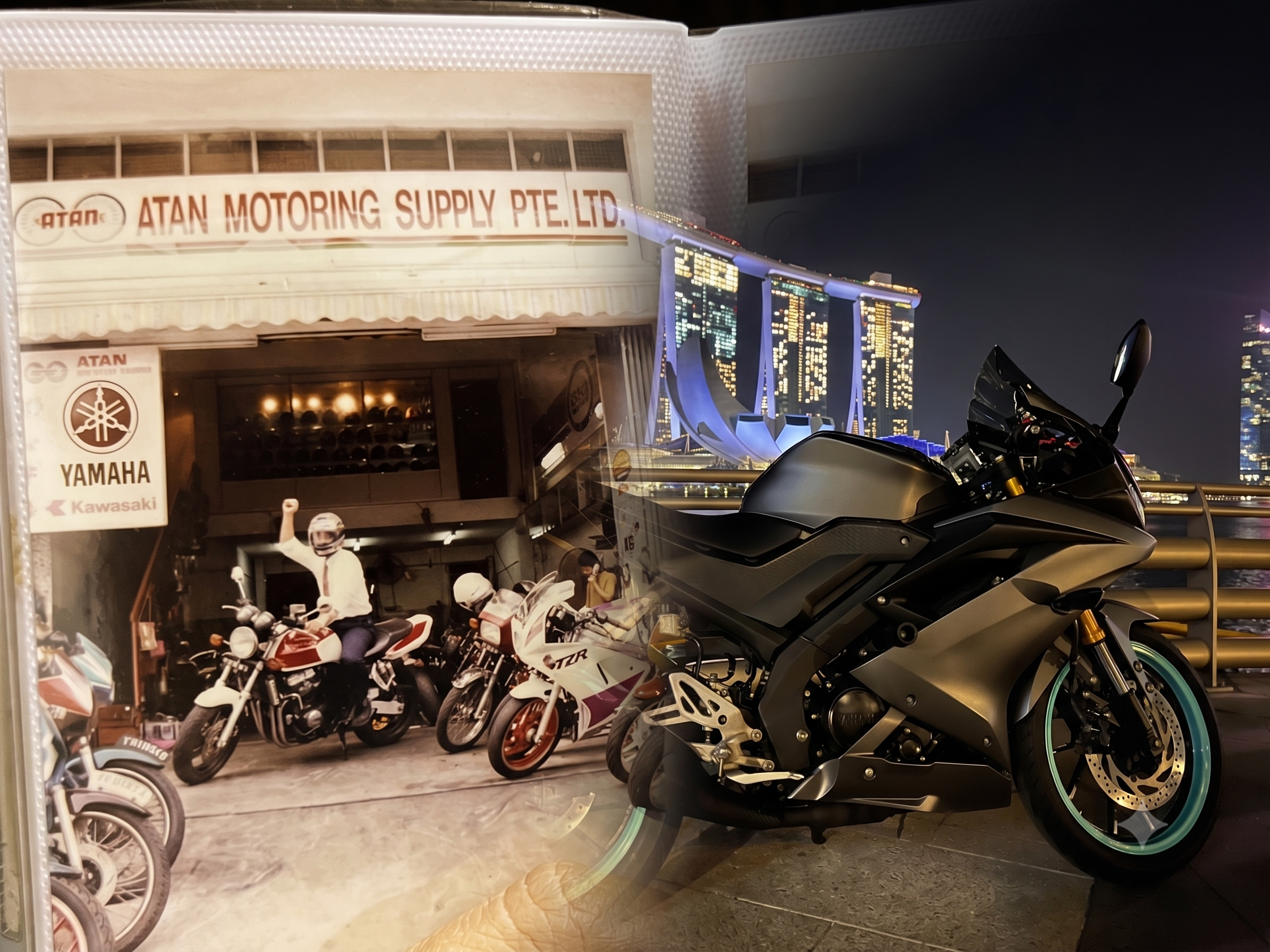 ATAN Motoring Supply's original shopfront in Singapore with the founder astride his bike, layered with a modern Yamaha sportbike and the Marina Bay Sands skyline at night
