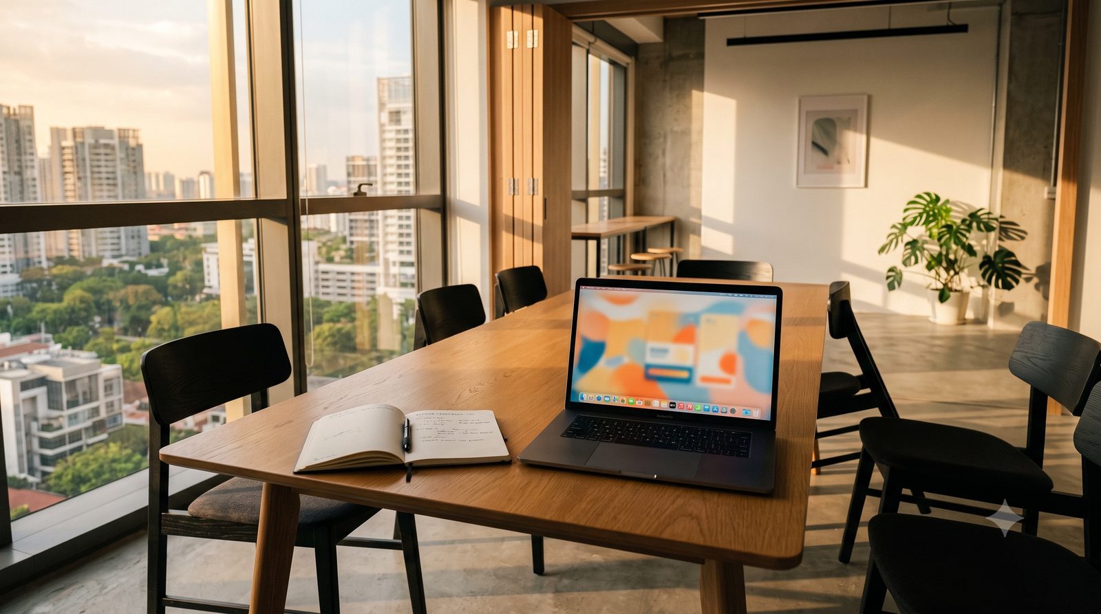 An empty design studio meeting room with a MacBook showing a colourful UI mockup, chairs pushed back, an open notebook, and warm late afternoon light through floor-to-ceiling windows overlooking a Singapore skyline