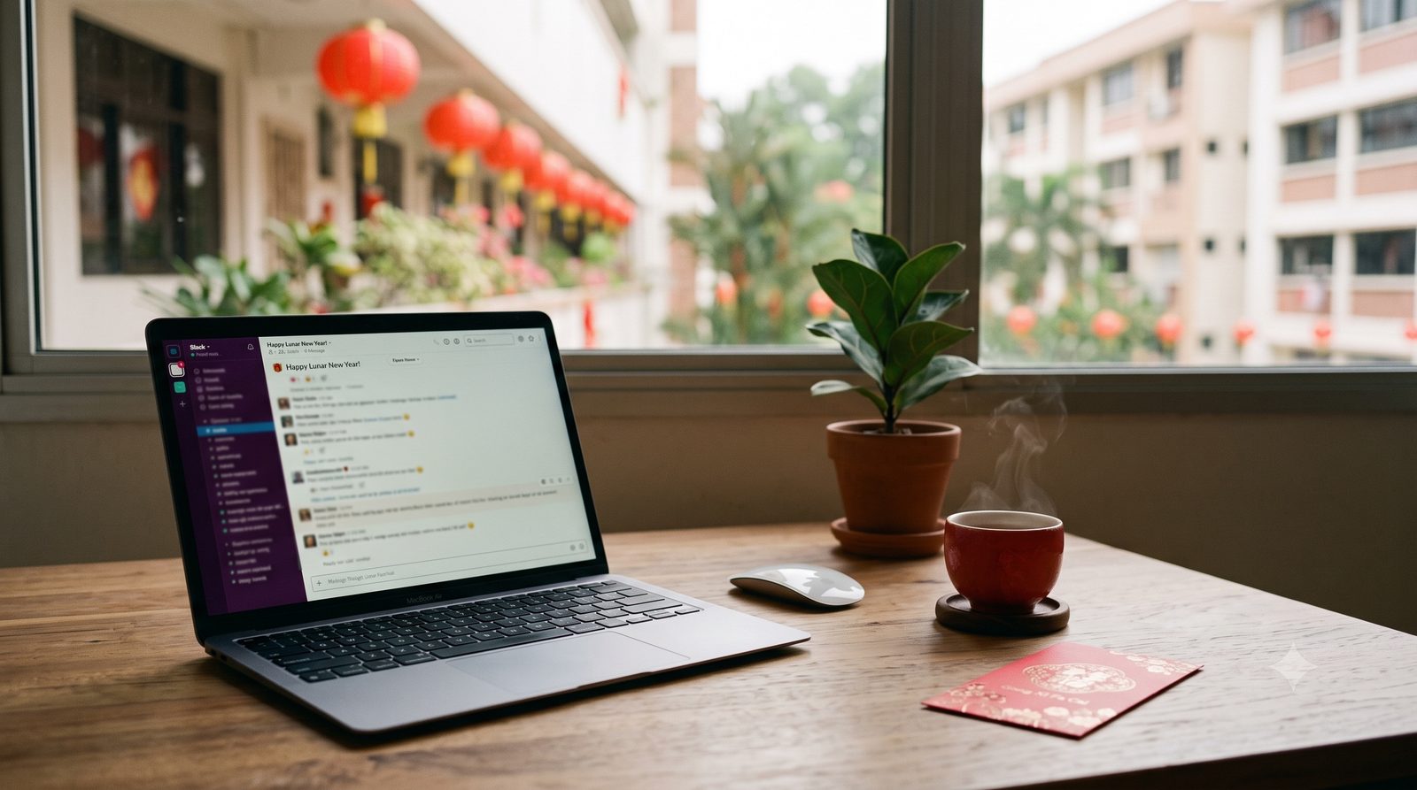 A quiet Singapore home workspace during Lunar New Year with a MacBook open, a red teacup, a red envelope, and red lanterns visible outside the window