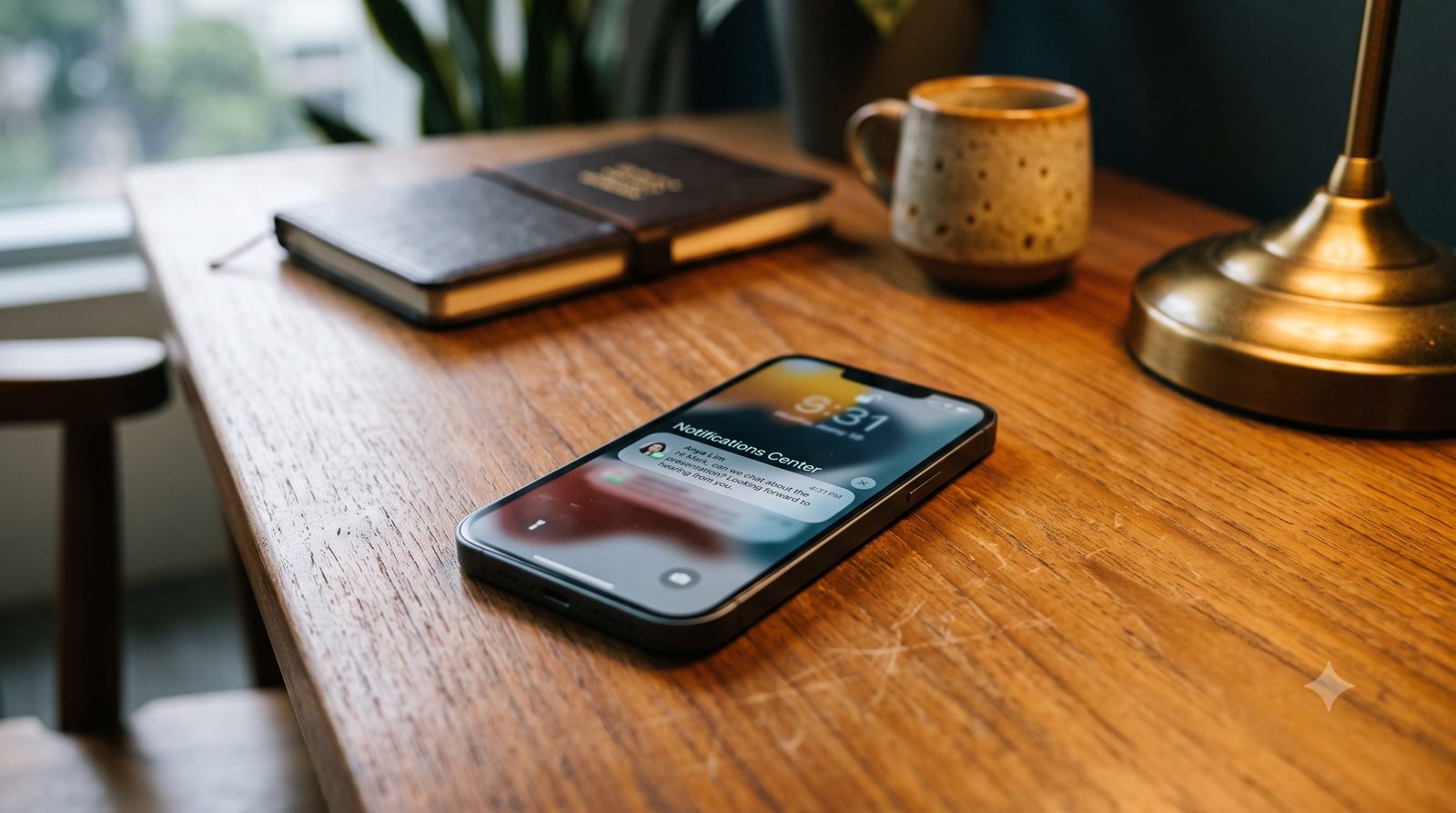 A smartphone lying face-up on a warm wooden desk showing a message notification, a leather notebook and a ceramic mug in soft focus, and a brass desk lamp casting warm ambient light