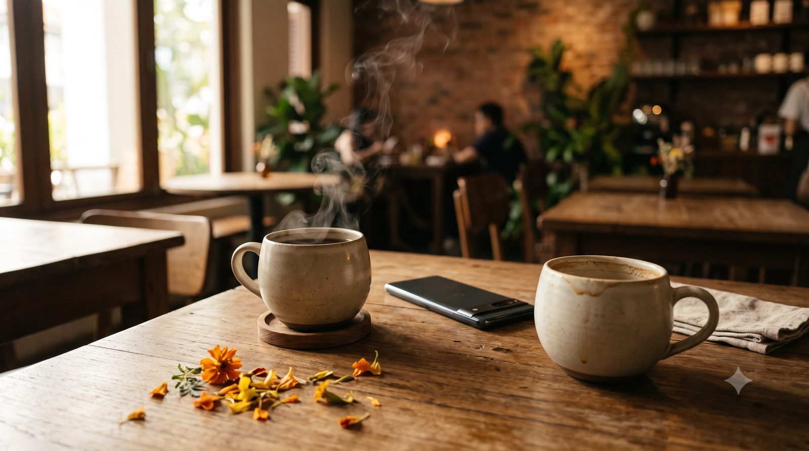A Singapore cafe table for two on a Monday morning, two ceramic mugs of coffee with steam rising, a phone lying face-down between them, and a few loose marigold petals scattered on the wooden table