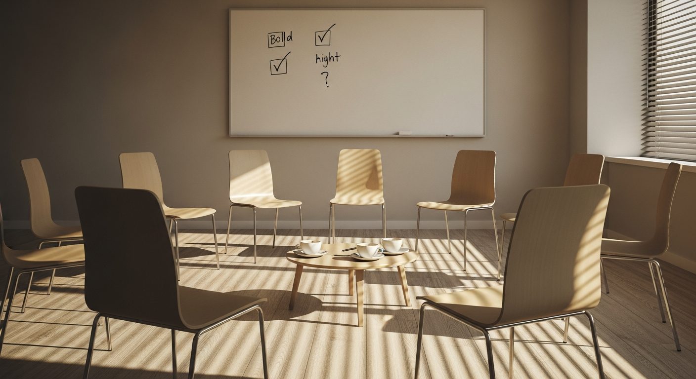 A modern Singapore meeting room after standup, a ring of empty chairs and coffee cups on a low table, and a whiteboard behind with three tick marks of different weight