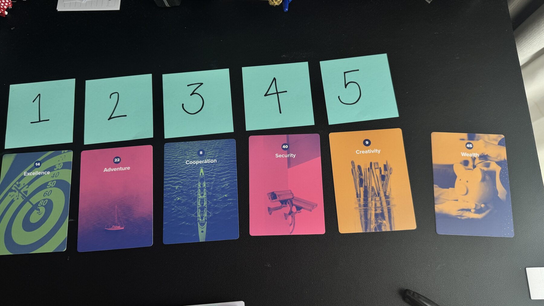 Values cards laid out on a table as a team talks through their individual differences and what each person stands for